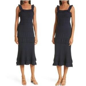 Milly Pointelle Knit Midi Dress Women Small Navy Wedding Guest Quiet Luxury